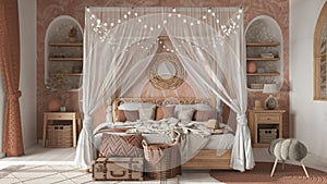 Bohemian bedroom with canopy bed in white and orange tones. Parquet, natural wallpaper and ethnic carpets. Rattan and wooden