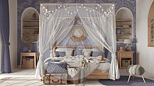 Bohemian bedroom with canopy bed in white and purple tones. Parquet, natural wallpaper and ethnic carpets. Rattan and wooden