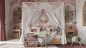 Bohemian bedroom with canopy bed in white and red tones. Parquet, natural wallpaper and ethnic carpets. Rattan and wooden