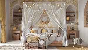 Bohemian bedroom with canopy bed in white and yellow tones. Parquet, natural wallpaper and ethnic carpets. Rattan and wooden