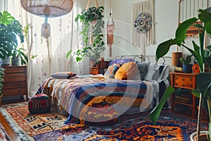 A bohemian bedroom featuring a bed, rugs, and various plants creating a cozy and eclectic atmosphere, A bohemian bedroom with