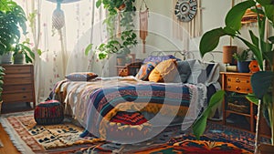 A bohemian bedroom featuring a bed, rugs, and various plants creating a cozy and eclectic atmosphere, A bohemian bedroom with