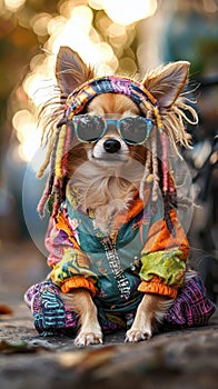 Bohemian Chihuahua with dreadlocks and sunglasses in vibrant attire photo