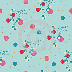 Bohemian christmas golden and pink stars, balls, branches seamless repeat pattern.