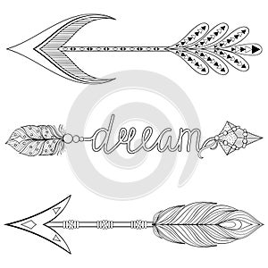 Bohemian Dream Arrows set with feathers for adult coloring pages