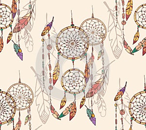 Bohemian dream catcher with beads and feathers, seamless pattern