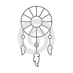 Bohemian dreamcatcher line logo. Boho emblem with feather. Elegant minimal badge. Isolated vector illustration