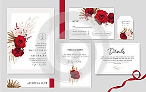 Bohemian, elegant wedding cards set. Red, pink roses, dry palm, pampas grass, white leaves branch bouquet decoration. Editable,