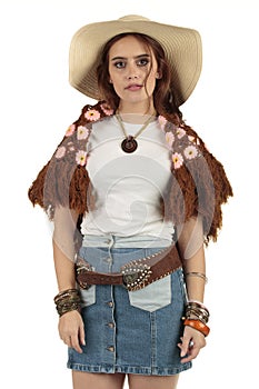 Bohemian festival style attractive model wearing a blank white t-shirt and cowboy hat