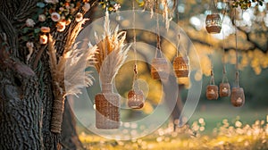 bohemian forest wedding, bohemian wedding decor with dried pampas grass and hanging woven baskets add a romantic touch