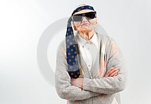 Bohemian grandma with a tie on her forehead