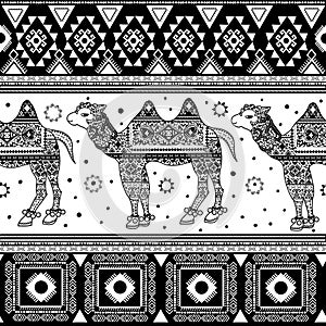 Bohemian hand-drawn seamless pattern with camel and beduin ornaments.