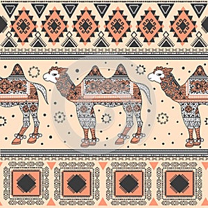 Bohemian hand-drawn seamless pattern with camel and beduin ornaments. African tribal style