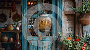 bohemian home accessories, an old brass moroccan lantern hangs from the ceiling, infusing a bohemian home decor theme photo