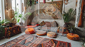 bohemian home decor, a boho chic lounge with handwoven tapestries, plush cushions, and a relaxed, bohemian vibe creates photo