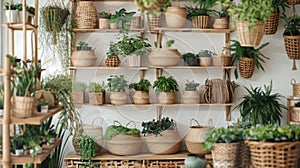 bohemian home decor, brass accents, baskets, and hanging planters create a harmonious balance of simplicity and bohemian