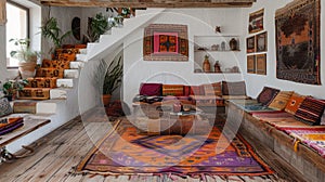 bohemian home decor, a cozy bohemian sanctuary for relaxation and creativity is curated with vintage rugs, colorful photo