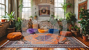 bohemian home decor, create a bohemian living space with a combination of colorful tapestries, comfy floor cushions, and photo