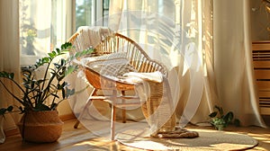 bohemian home decor, a rattan chair paired with a cozy throw in a sunlit boho room merges comfort with eclectic flair photo