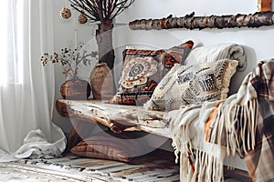 Concept Bohemianinspired Interior Design featuring Tree Trunk Bench Pillows and Dried Twig Decor photo