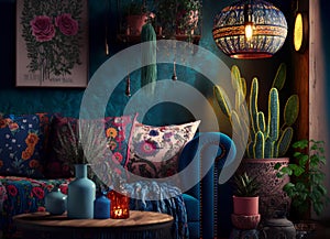 bohemian-inspired living room with colourful textured walls and a variety of hanging plants (AIgen)