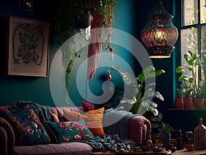 bohemian-inspired living room with colourful textured walls and a variety of hanging plants (AIgen)