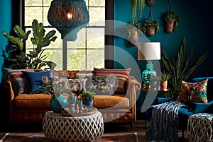 bohemian-inspired living room with colourful textured walls and a variety of hanging plants (AIgen)