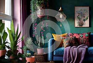 bohemian-inspired living room with colourful textured walls and a variety of hanging plants (AIgen)