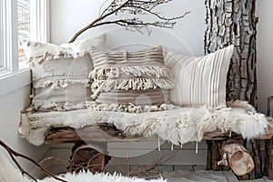 Concept Home Bohemian Interior Design Featuring Tree Trunk Bench Pillows and Dried Twig Decor photo