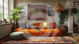 bohemian interior design, a vibrant bohemian living room with lush fabrics, natural hues, and a blend of cultural photo
