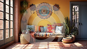 Bohemian interior vestibule, Eclectic and free-spirited, characterized by a mix of colors, patternsglobal influences