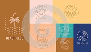 Bohemian linear logos, icons and symbols, sea, ocean, beach and surfing. Sun, seashell and palm design templates