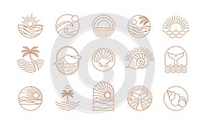 Bohemian linear logos, icons and symbols, sea, ocean, beach and surfing. Sun, seashell and palm design templates