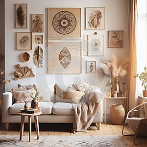 Bohemian living room interior with cozy beige couch, modern minimalist design of apartment. Created with generative AI