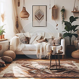 Bohemian living room interior with cozy beige couch, modern minimalist design of apartment. Created with generative AI