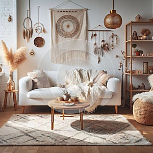 Bohemian living room interior with cozy beige couch, modern minimalist design of apartment. Created with generative AI