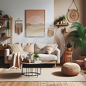 Bohemian living room interior with cozy beige couch, modern minimalist design of apartment. Created with generative AI