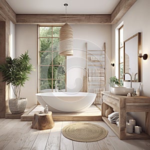 A bohemian or minimal style bathroom with light wood furniture. make the room look bright and decorations in white or cream tones