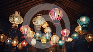 bohemian paper lanterns dangling from the ceiling