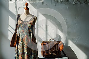 bohemian patterned summer dress on mannequin with a leather satchel