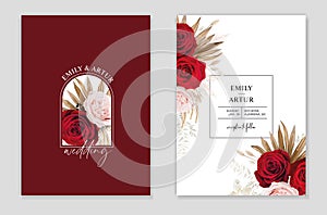 Bohemian red color wedding invite, save the date card greeting. Rose, dry palm branch, beige pampas grass, white leaves bouquet