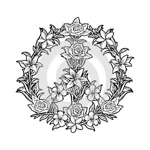 Bohemian rhapsody peace symbols with floral decor monochrome