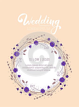 Bohemian rustic wedding invitation layout. Greeting card design template