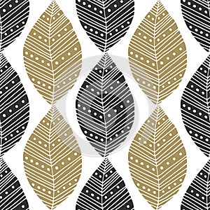 Bohemian seamless pattern with black and gold ethnic leaves. Vector textile swatch or packaging design. Tribal design