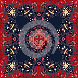 Bohemian shawl with abstract paisley ornament, rich red and dark blue with roses and tulips, warm wool throw.