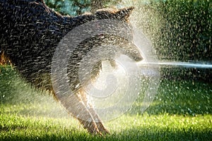 Bohemian shepherd, hairy dog playing with water stream in the garden, splashing water everywhere.