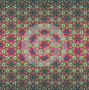 Bohemian style caleidoscope ombre seamless vector pattern in green, pink and orange color. Texture for web, print