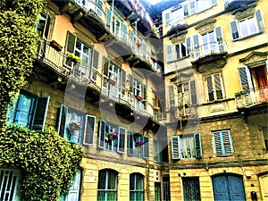 Bohemian style corner in Turin city, Italy. Plants, houses and history