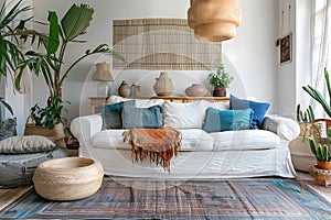 Bohemian style decorated living room, flat roof ceiling with bohemian accessories and blue colored pillows on the sofa