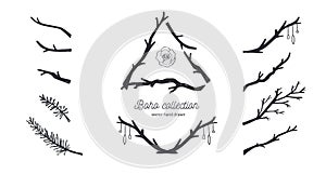 Bohemian style vector collection for tattoo, invitations, flyers, decor with frames, branches of tree,wild plants
